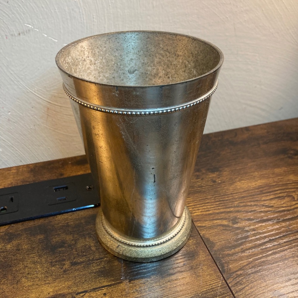 Vtg Silver Plated Vase Planter Pot Cachepot Julep Cup Urn Beaded Trim India 6"